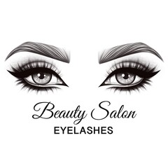 Logo template with eyes, makeup, with long eyelashes and eyebrows on isolated white background. For designers, tattoo, lashmaker, shops, beauty salons, typography, business cards, website, brochures.