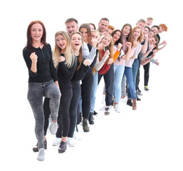 Obraz premium confident young woman standing in front of a column of young people