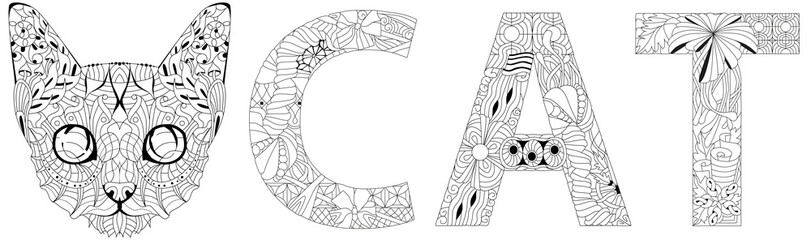 Word CAT with a head of cat. Vector decorative zentangle object for coloring