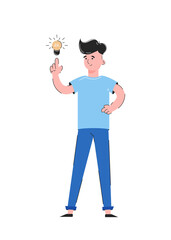 Guy and light bulb. Idea concept. Isolated on white background. Good for apps, presentations and websites. Vector.