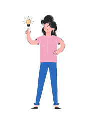 Girl and light bulb. Idea concept. Isolated on white background. Good for apps, presentations and websites. Vector.