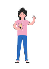 Girl and light bulb. Idea concept. Isolated on white background. Good for apps, presentations and websites.