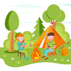 Friends are relaxing in nature. Boys and a girl at the campfire.