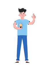 Guy and light bulb. Idea concept. Isolated on white background. Good for apps, presentations and websites.