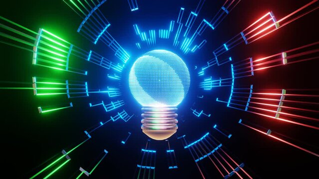 4k 3D animation. Light bulb connect data motion graphic background. Light bulb - Abstract idea concept. Animation of flying flickering particles form a lamp bulb sign.