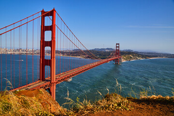 Golden Gate Bridge from northwest at sunset