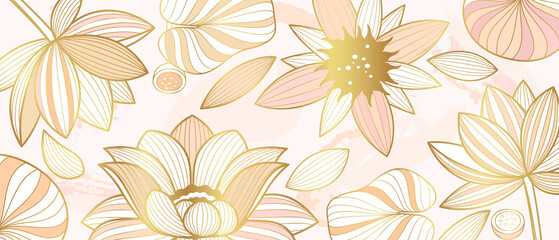 Vector poster with golden lotus flowers on a pink background.Golden lotus flowers in line art style.