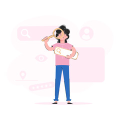 Girl in full growth holds a magnifying glass. Trend illustration. Good for apps, presentations and websites.