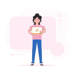 The girl holds a laptop in her hands and presses the play. Trend illustration. Good for apps, presentations and websites. Vector.