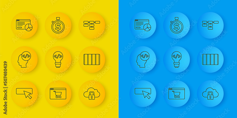 Poster set line ui or ux design, front end development, cloud computing lock, color palette guide, website 
