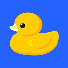 Holiday National Rubber Duck Day. Yellow cute duckling on a blue background. Water birds. Vector.