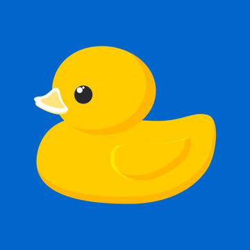 Holiday National Rubber Duck Day. Yellow cute duckling on a blue background. Water birds. 