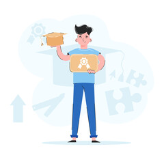 The guy in full growth holds a diploma. Trend illustration. Good for apps, presentations and websites. Vector.
