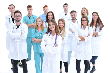 top view. confident doctors and interns looking at the camera.