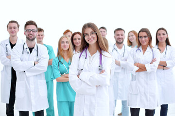 top view. confident doctors and interns looking at the camera.