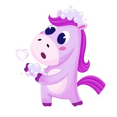 Little cute horse washing his hair with shampoo - children's hygiene