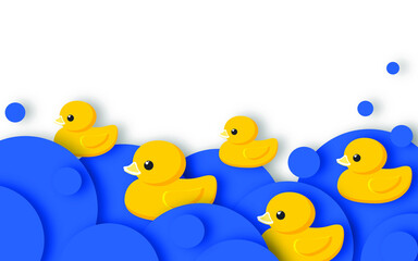 Holiday National Rubber Duck Day. Yellow cute ducklings have a water race in paper art style. Waterfowl on blue sea waves. vector