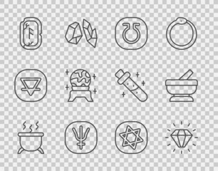 Set line Witch cauldron, Diamond, Life, Neptune planet, Magic runes, ball, Tarot cards and Mortar and pestle icon. Vector