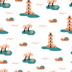 Lighthouse Mini Islands Vector Graphic Art Seamless Pattern