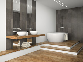 Naklejka na ściany i meble Interior of bathroom with wooden floor 3D rendering
