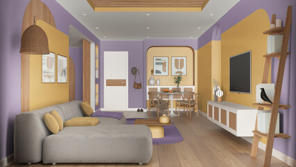 Contemporary wooden dining and living room in yellow and purple tones, sofa with carpet and table with chairs, sliding door. Rattan television cabinet and parquet. Interior design