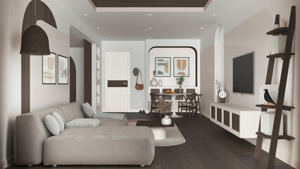 Contemporary wooden dining and living room in dark tones, sofa with carpet and table with chairs, sliding door. Rattan television cabinet, parquet and cane ceiling. Interior design