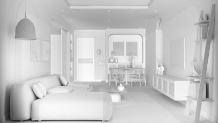 Total white project draft, contemporary wooden dining and living room, sofa with carpet and table with chairs, sliding door. Television cabinet, parquet, cane ceiling. Interior design