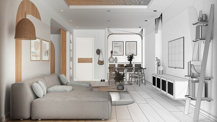 Architect interior designer concept: hand-drawn draft unfinished project that becomes real, modern dining and living room, sofa with carpet and table with chairs. Television cabinet