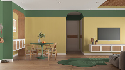 Contemporary wooden dining and living room in green tones, table with chairs, sliding door. Rattan television cabinet, carpet, parquet and cane ceiling. Cloth hanger. Interior design
