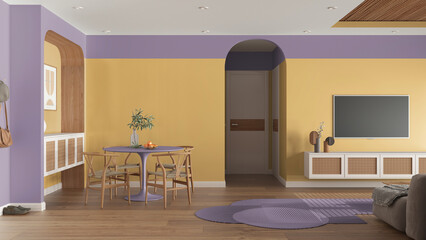 Contemporary wooden dining and living room in yellow and purple tones, table with chairs, sliding...