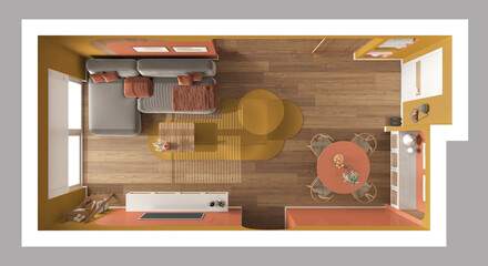 Contemporary wooden dining and living room in orange tones, sofa with carpet and table with chairs, sliding door. Television cabinet, parquet. Top view, plan, above. Interior design