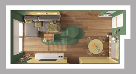 Contemporary wooden dining and living room in green tones, sofa with carpet and table with chairs, sliding door. Television cabinet, parquet. Top view, plan, above. Interior design