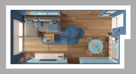 Contemporary wooden dining and living room in blue tones, sofa with carpet and table with chairs, sliding door. Television cabinet, parquet. Top view, plan, above. Interior design