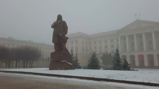 Panorama of monument to Lenin in the central square of Russian city Smolensk.