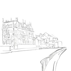 Urban Illustration for coloring. Background. River view. City. Line style
