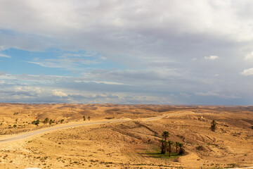 Road through the sand dunes of the Sahara Desert in Tunisia. Landscape with blue sky, yellow sand and green oasis with palm trees