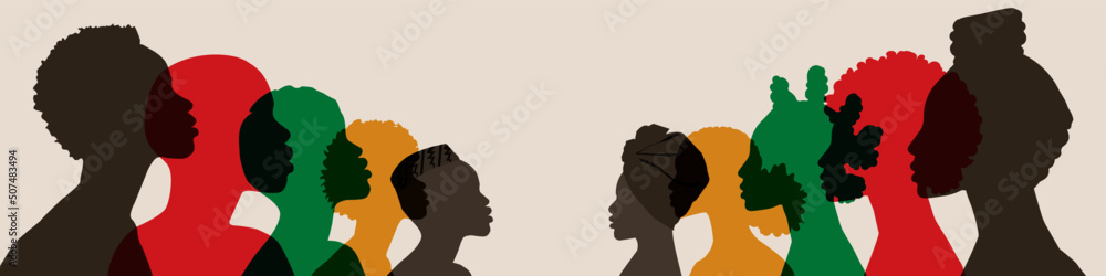 Wall mural Silhouette face head in profile ethnic group of black African and African American men and women. Identity concept - racial equality and justice. Racism, discrimination. Juneteenth emancipation.