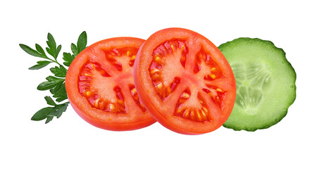 cucumber and tomato salad, parsley  isolated on a white background