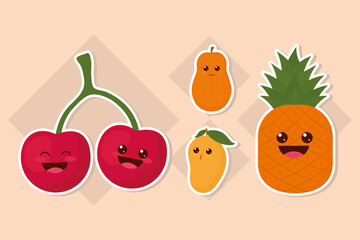 kawaii fruits icon set