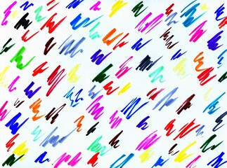 Doodles are drawn with felt-tip pens on a white background. Abstract background with colored zigzag scribbles.