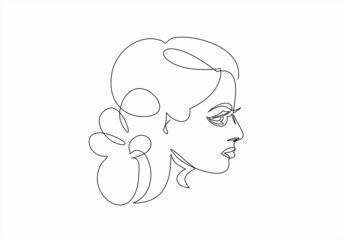 Woman face continuous line drawing.  Line art, drawing of face , fashion concept, woman beauty minimalist, vector illustration.
