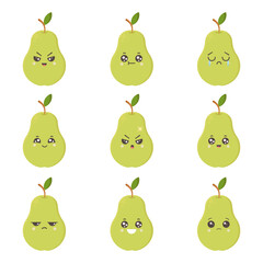 Green pear with kawaii eyes. Flat design vector illustration of green pear on white background.