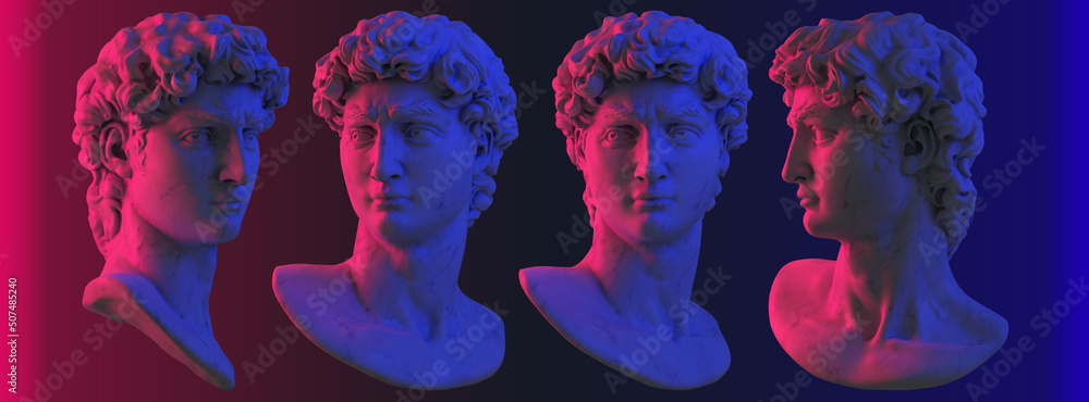 Poster digital 3d rendering set illustration of classical marble head bust sculpture rotated in 4 different