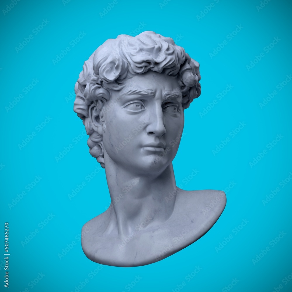 Wall mural Digital illustration of white marble male classical bust from 3d rendering on blue background.