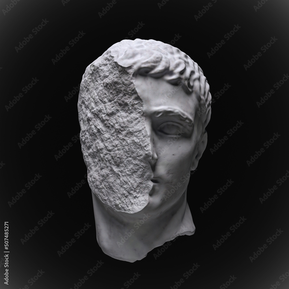 Poster illustration of broken head sculpture of classical style isolated on black background in grayscale f