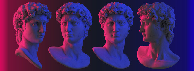Digital 3D rendering set illustration of classical marble head bust sculpture rotated in 4 different views and isolated on background, pink and blue lit in vaporwave style color palette.