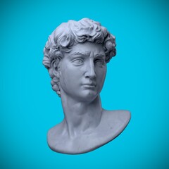 Digital illustration of white marble male classical bust from 3d rendering on blue background.