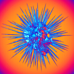 Abstract illustration from 3d rendering of metallic screaming skull with exploding spike rays in colorful psychedelic bright colors vaporwave style.