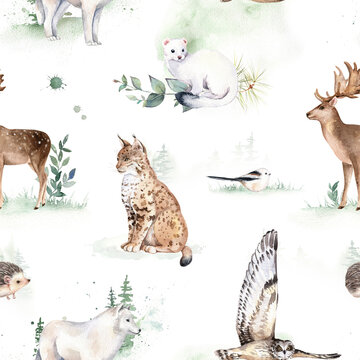 Woodland animal seamless pattern, deer, owl, lynx, hedgehog, ermine, wolf. Watercolor hand drawn texture on white background.  Green forest design for print, postcard, greeting card, fabric, textile