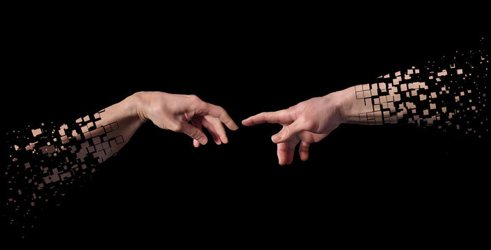 Disintegrating reaching hands concept illustration isolated on black background.